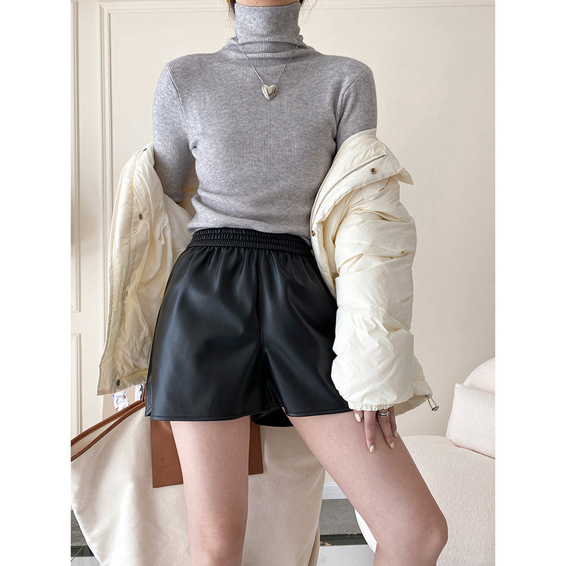 Black Pu Leather High Waist Shorts for Women-Women Pants-Black-S-Free Shipping Leatheretro