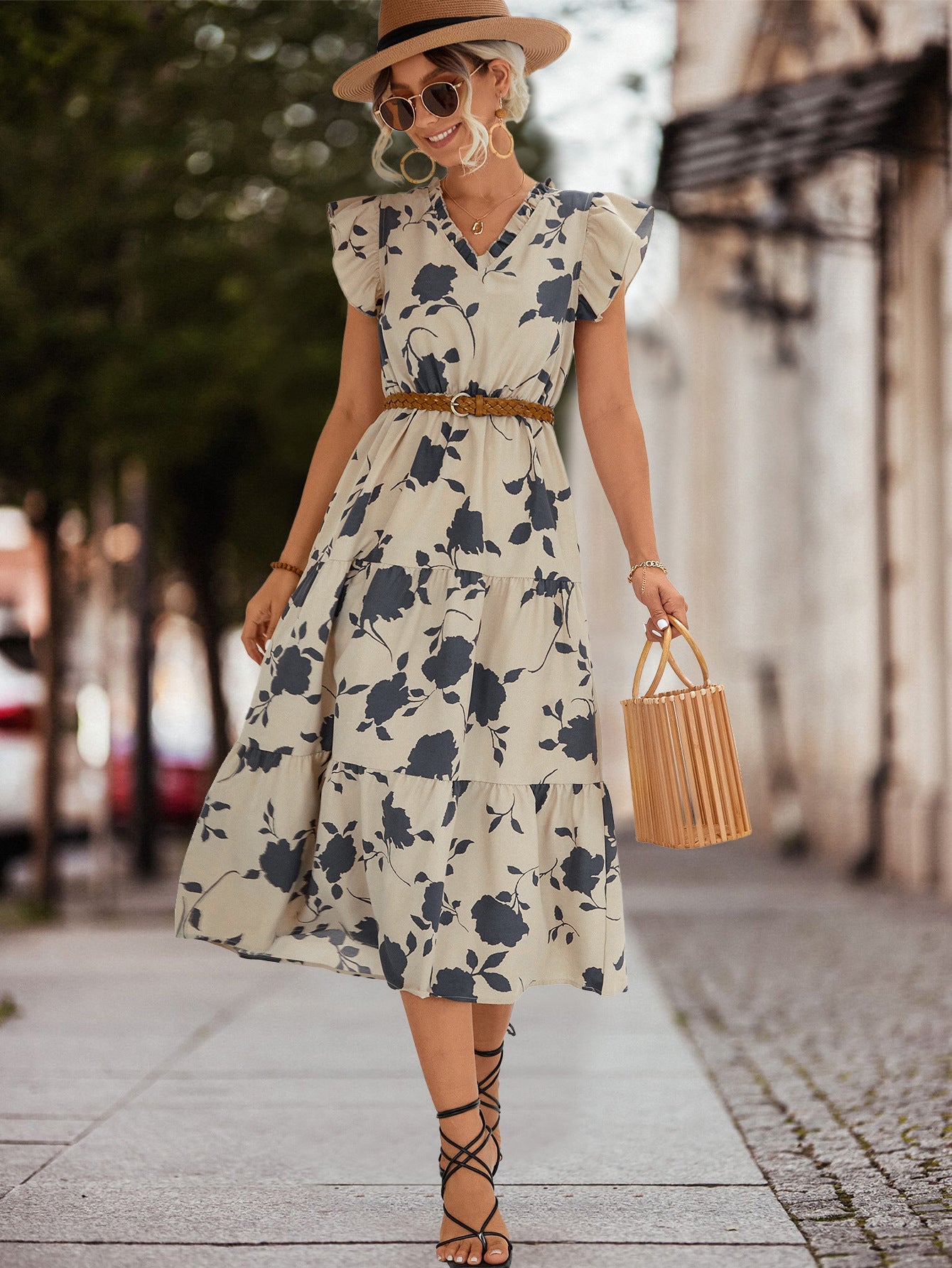 Casual V Neck Floral Print Women Dresses-Dresses-Apricot-S-Free Shipping Leatheretro
