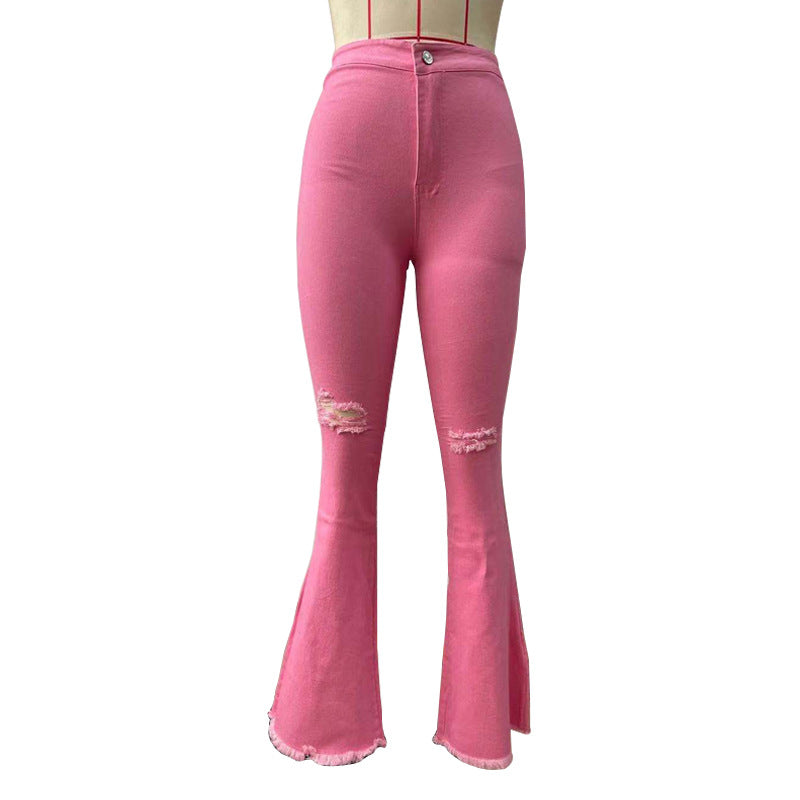 Sexy Broken Holes Trumpet Elastic Jeans-Pants-Pink-S-Free Shipping Leatheretro