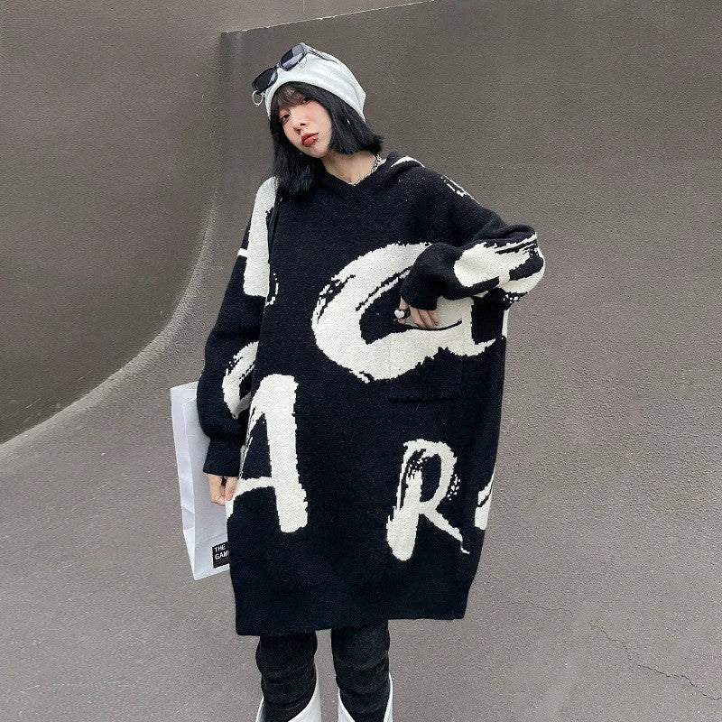 Cozy Letter Print Long Knitting Dresses-Sweater&Hoodies-Black-One Size-Free Shipping Leatheretro