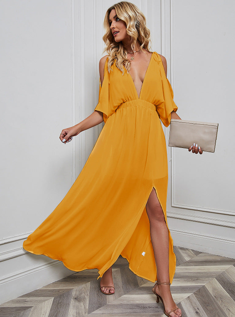 Sexy Chiffon Split Front Summer Long Dresses-Dresses-Yellow-S-Free Shipping Leatheretro