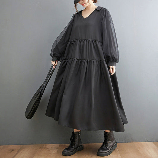 Plus Sizes Tulle Long Sleeves Black Fall Dresses-Dresses-Black-L-Free Shipping Leatheretro