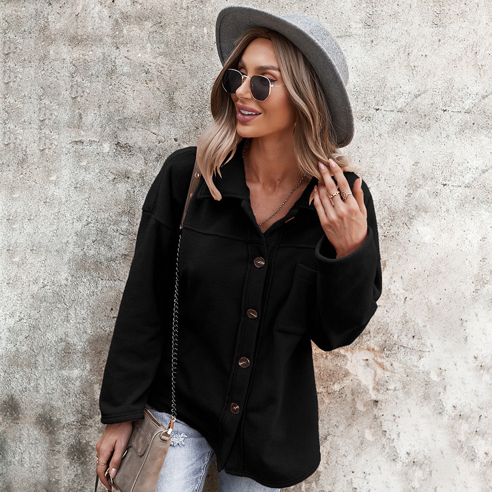 Casual Women Velvet Long Sleeves Overcoats-Outerwear-Black-S-Free Shipping Leatheretro
