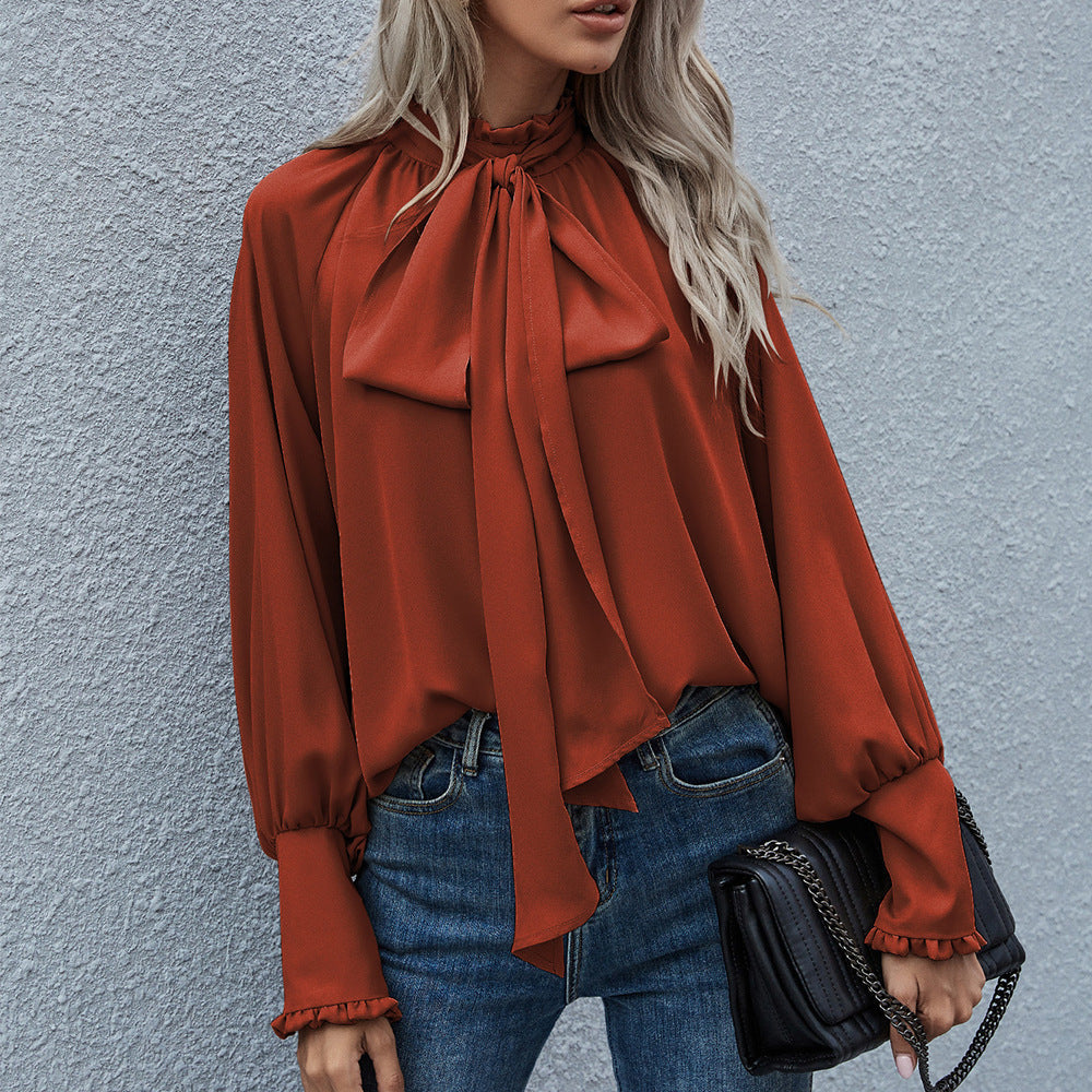 Casual High Neck Long Sleeves Blouses-Shirts & Tops-Wine Red-S-Free Shipping Leatheretro