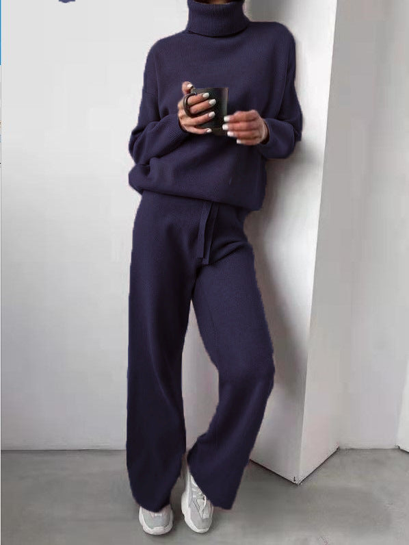 Casual High Neck Two Pieces Knitted Tops & Wide Legs Pants-Suits-Blue-S-Free Shipping Leatheretro