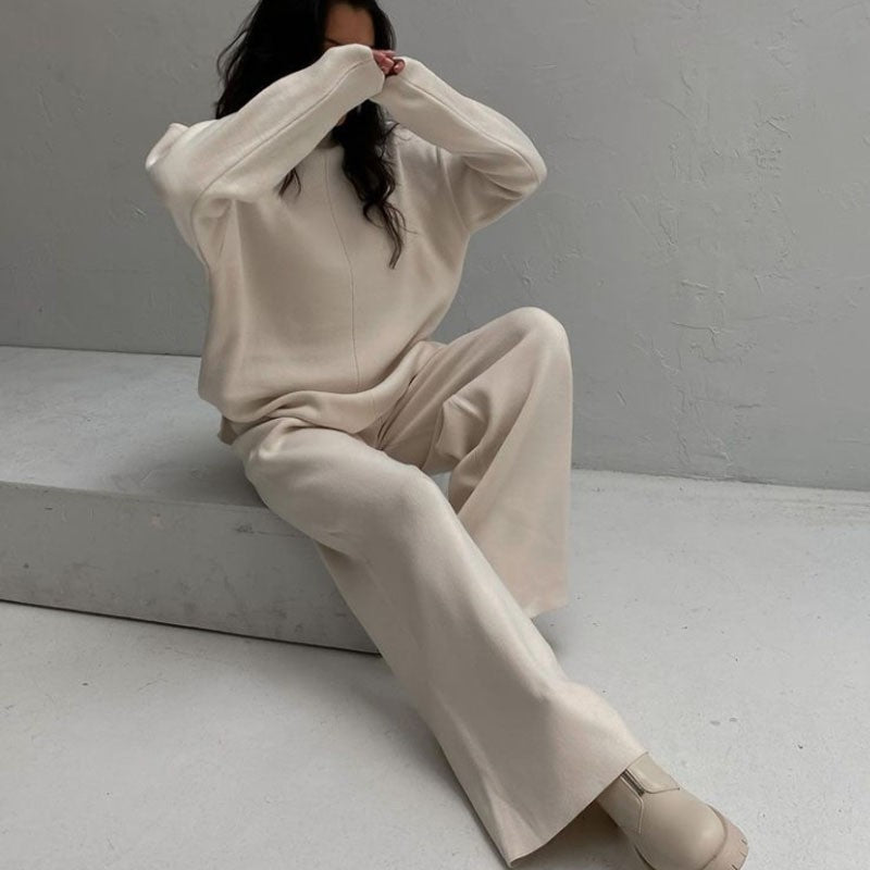 Winter Long Sleeves Knitted Tops and Wide Leg Pants-Suits-Apricot-S-Free Shipping Leatheretro