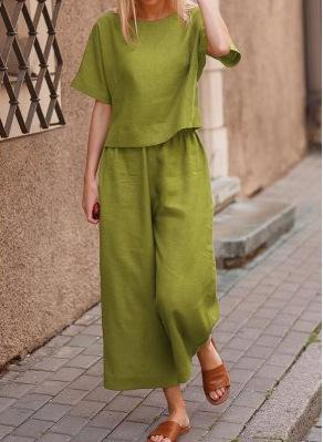 Leisure Women Loose Linen Two Pieces Suits-Two Pieces Suits-Green-S-Free Shipping Leatheretro