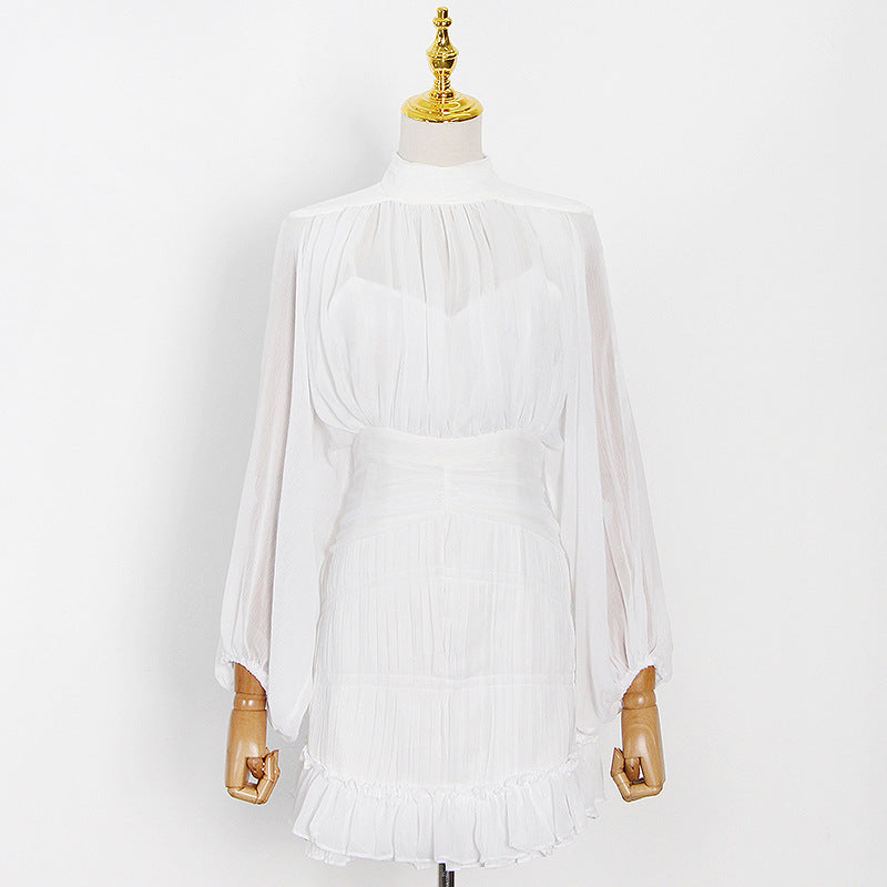 Classy High Neck Chiffon Short Dresses-Dresses-White-S-Free Shipping Leatheretro