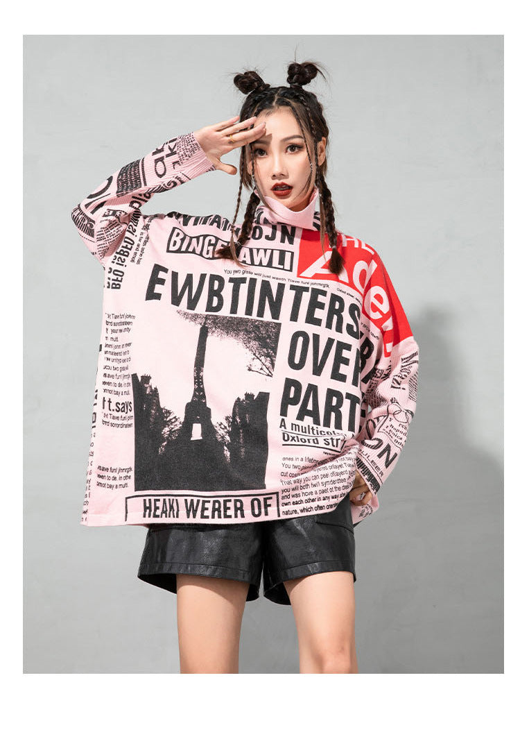 Plus Sizes Turtleneck Newspaper Print Women Sweaters-Women Tops-Red-One Size-Free Shipping Leatheretro