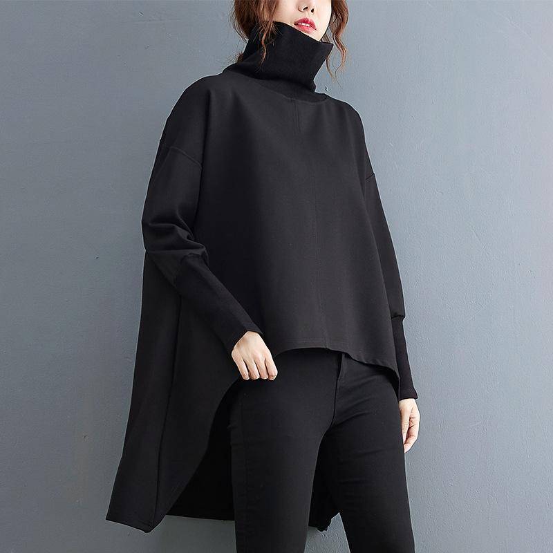 Black Irregular Turtleneck Long Sleeves Women Fall Shirts-Women Hoodies-Black-L-Free Shipping Leatheretro