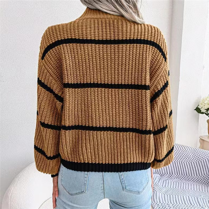 Fashion Striped High Neck Knitted Pullover Sweaters-Shirts & Tops-White-One Size-Free Shipping Leatheretro