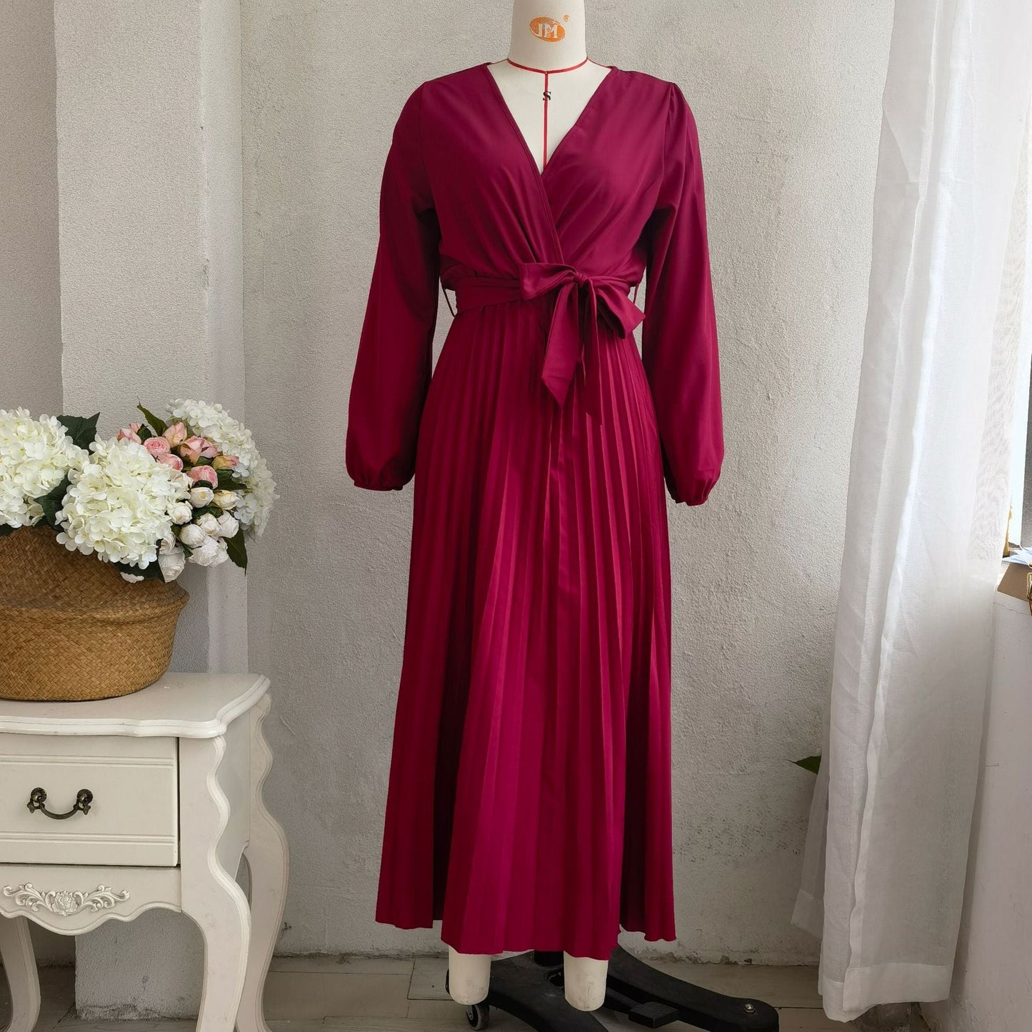 Classy V Neck Long Sleeves Midi Dresses-Dresses-Red-S-Free Shipping Leatheretro
