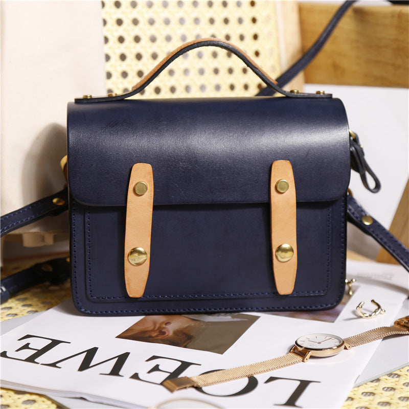 Cowhide Vege Tanned Leather Messager Handbag for Women 8025-Handbags-Navy Blue-Free Shipping Leatheretro