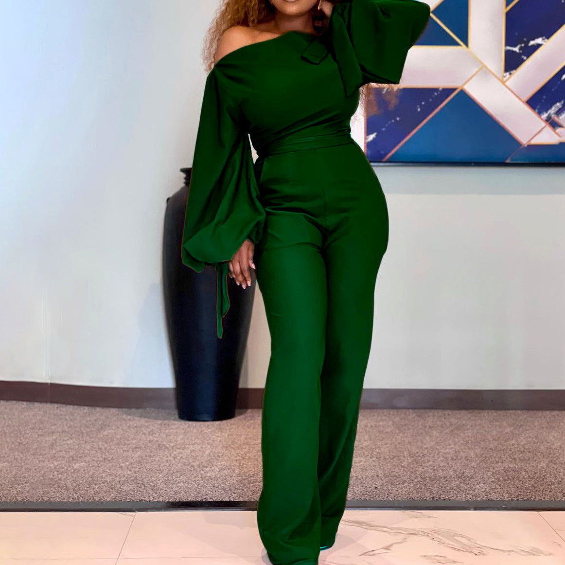 Sexy One Shoulder High Waist Plus Sizes Wide Legs Jumpsuits-Suits-Green-S-Free Shipping Leatheretro