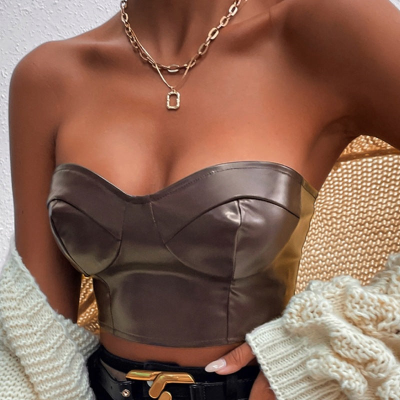 Sexy Strapless Midriff Baring Short Tops-Shirts & Tops-Coffee-XS-Free Shipping Leatheretro