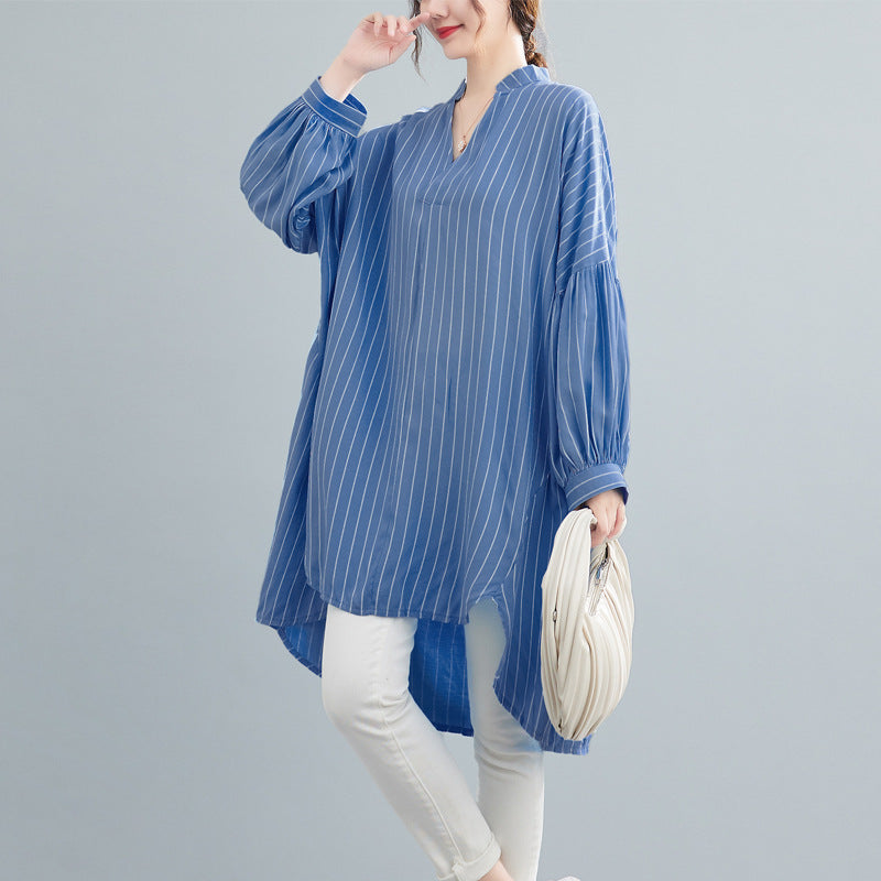 Designed Striped Long Shirts Dresses for Women-Dresses-Blue-One Size-Free Shipping Leatheretro