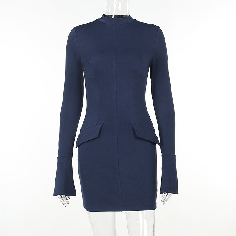 Elegant Fashion Long Sleeves Sheath Dresses-Dresses-Blue-S-Free Shipping Leatheretro