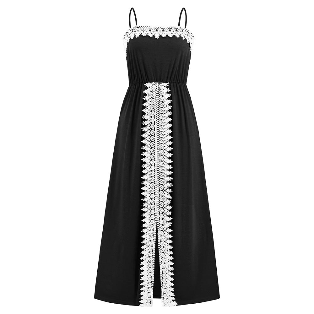Elegant Lace Trim Summer Long Dresses-Dresses-LQ613-hei-S-Free Shipping Leatheretro