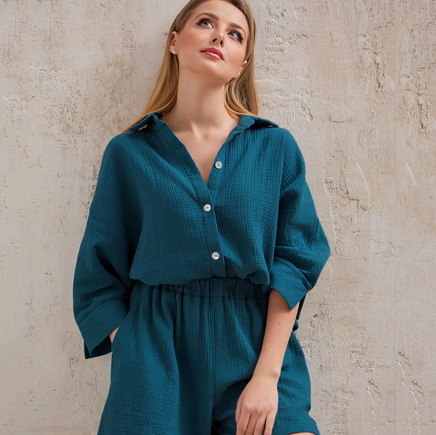 Women Cotton Two Pieces Shirts and Crop Shorts Sets-Suits-Green-S-Free Shipping Leatheretro