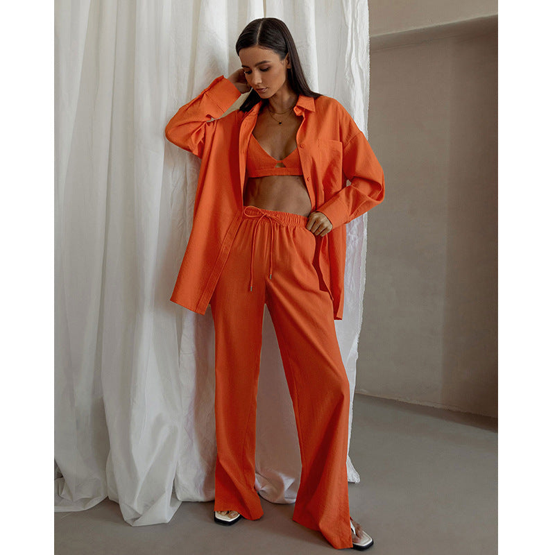 Casual Long Sleeves Shirts and Wide Legs Pants Suits-Suits-Orange-S-Free Shipping Leatheretro