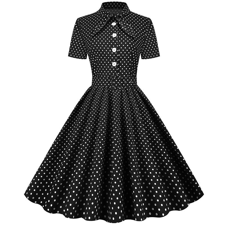 Vintage Polka Dot Short Sleeves Dresses-Dresses-Black-S-Free Shipping Leatheretro