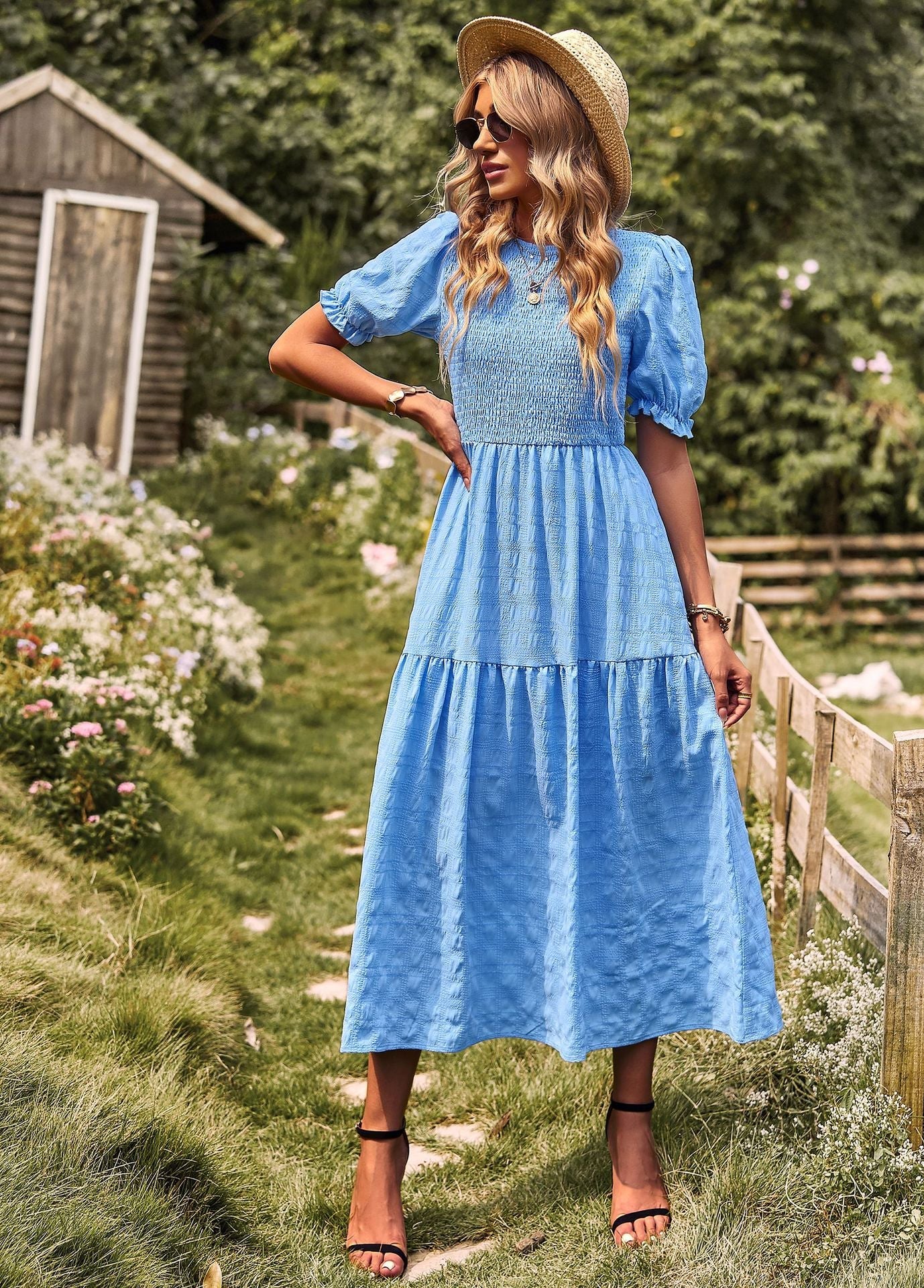 Casual Short Sleeves A Line Midi Dresses-Dresses-Blue-S-Free Shipping Leatheretro