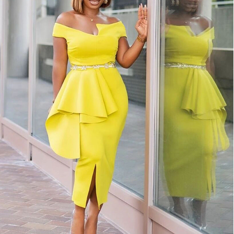 Fashion High Waist Plus Sizes Midi Party Dresses-Dresses-Yellow-S-Free Shipping Leatheretro