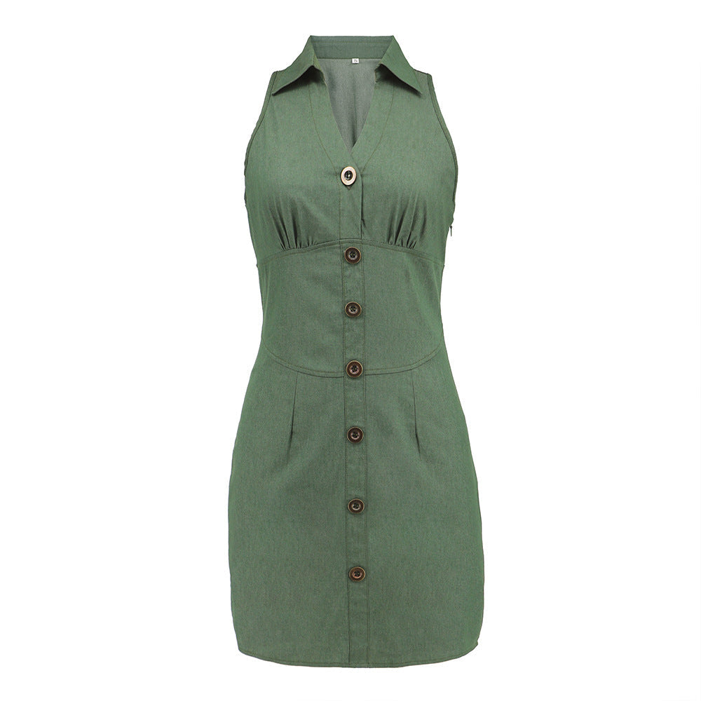 Elegant Sleeveless Denim Mini Short Dresses-Dresses-Green-S-Free Shipping Leatheretro