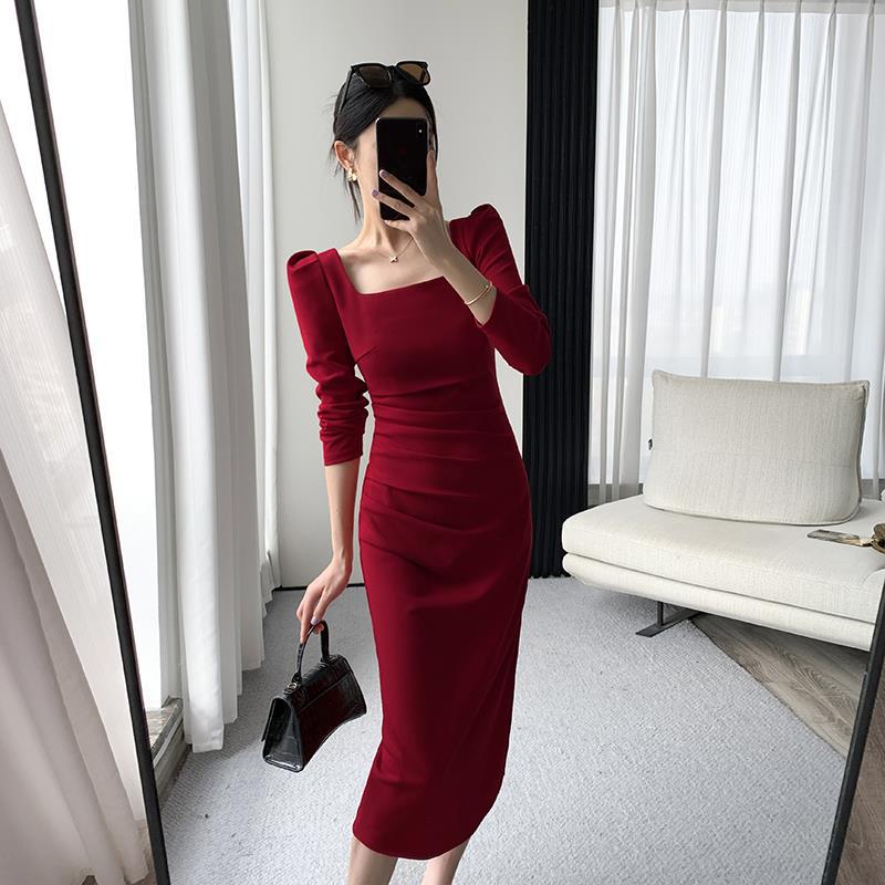 Sexy Square Neckline Long Sleeves Party Dresses-Dresses-Red-S-Free Shipping Leatheretro