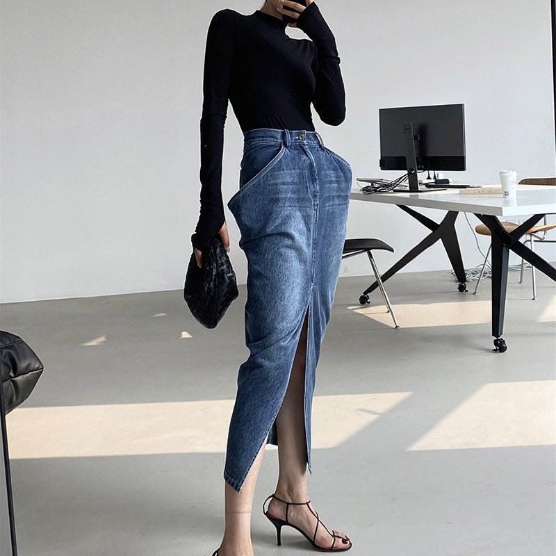 Designed Women High Waist Split Front Denim Skirts-Skirts-The same as picture-S-Free Shipping Leatheretro