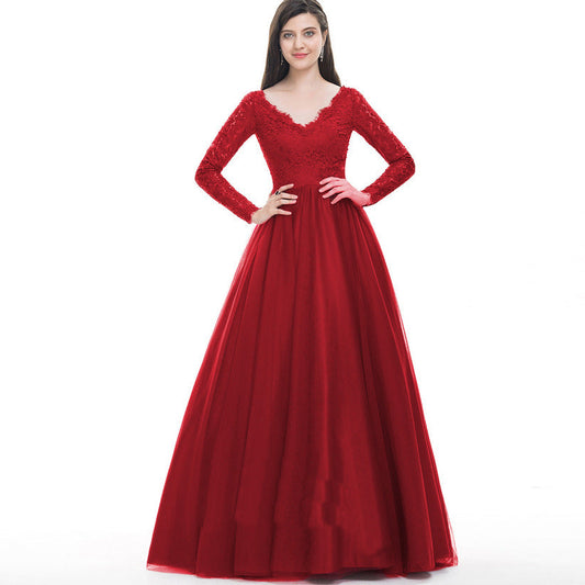 Elegant Long Sleeves Red Lace Evening Dresses-Dresses-Red-S-Free Shipping Leatheretro