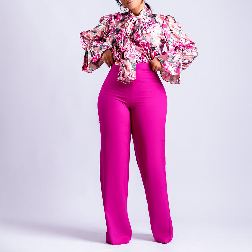 Fashion Plus Sizes Women Long Sleeves Shirts & Pants-Suits-Pink-S-Free Shipping Leatheretro