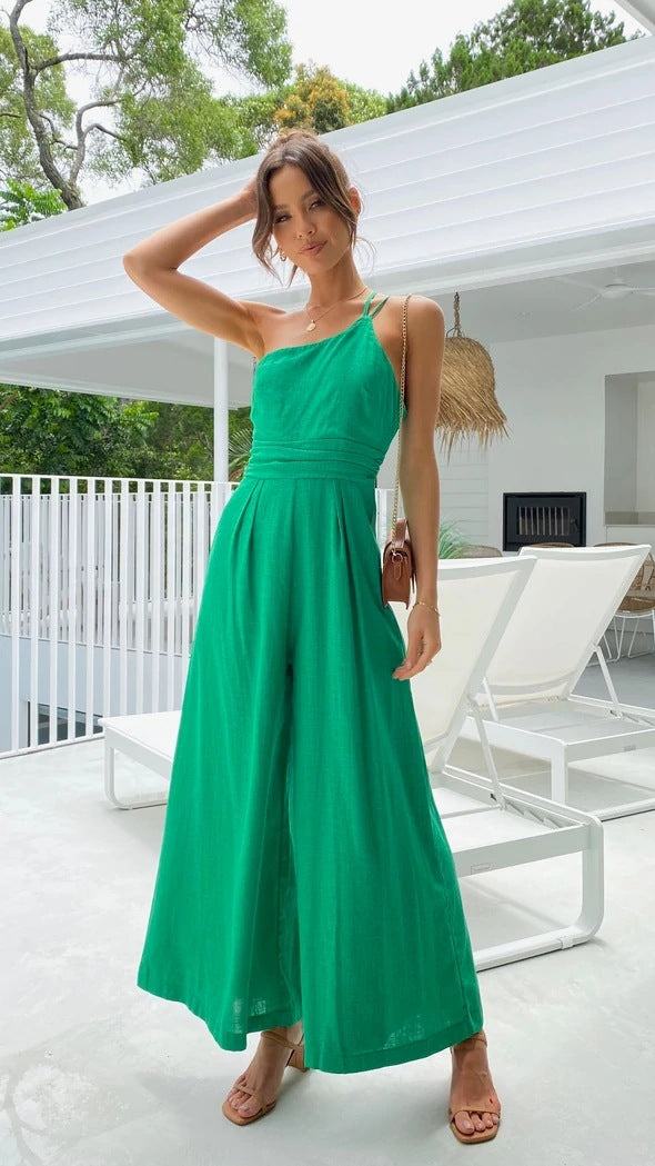 Sexy One Shoulder Linen Jumpsuits for Women-Jumpsuits & Rompers-Green-S-Free Shipping Leatheretro