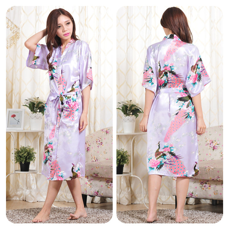 Women Peacock Design Satin Women Night Romber Gowns-Sleepwear & Loungewear-Light Purple-M-Free Shipping Leatheretro