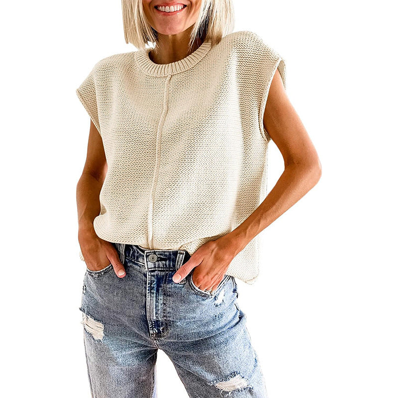 Casual Sleeveless Round Neck Knitted Vest-Shirts & Tops-White-S-Free Shipping Leatheretro