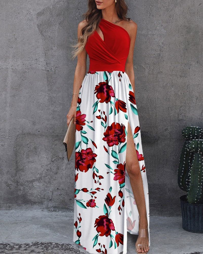 Sexy One Shoulder Split Front Summer Long Dresses-Maxi Dreses-Red-S-Free Shipping Leatheretro