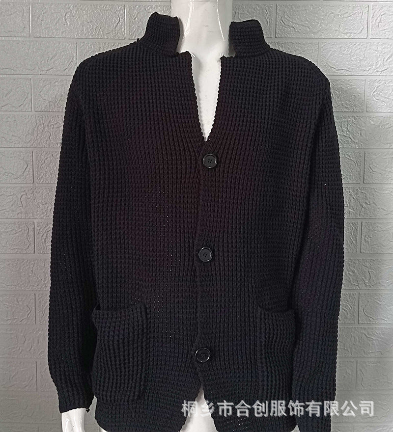 Casual Stand Collar Plus Sizes Knitted Cardigan Sweaters for Men-Shirts & Tops-Black-S-Free Shipping Leatheretro