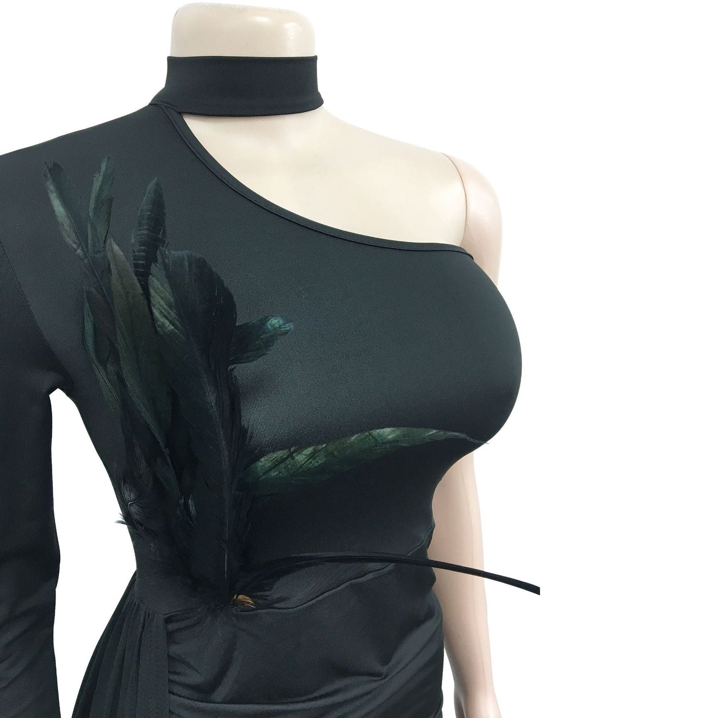 Sexy Feather Design One Shoulder Evening Party Dresses-Dresses-Black-S-Free Shipping Leatheretro