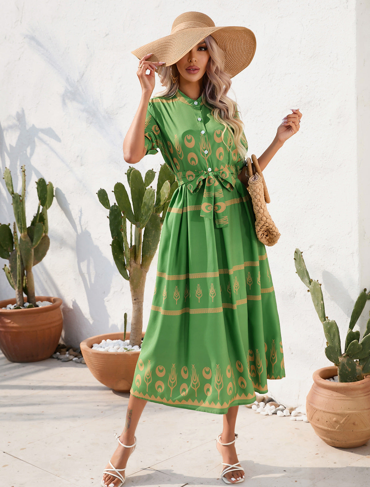 Vintage Summer Half Sleeves Women Midi Dresses-Dresses-Green-S-Free Shipping Leatheretro