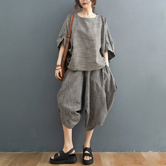 Linen Striped Plus Sizes 2pcs Women Summer Outfits-Suits-The same as picture-XL-Free Shipping Leatheretro