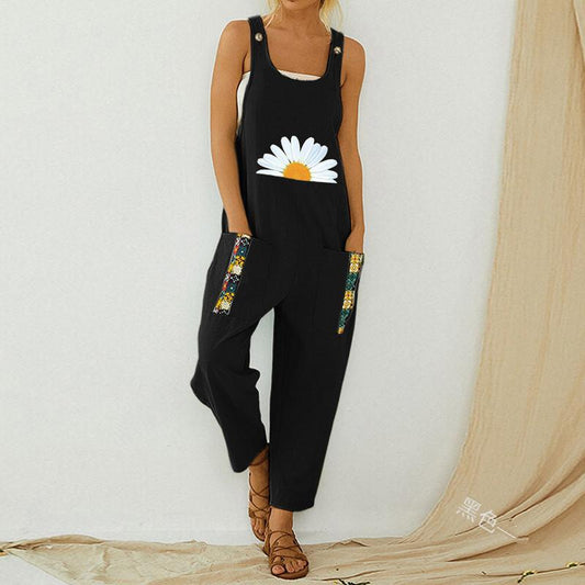 Summer Women Daisy Print Jumpsuits-Jumpsuits-Black-S-Free Shipping Leatheretro