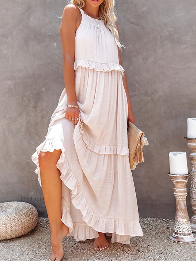 Casual Ruffled Summer Holiday Long Maxi Dresses-Dresses-White-S-Free Shipping Leatheretro