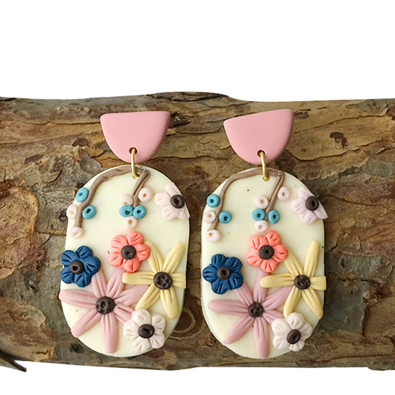 Engraved Flowers Handmade Clay Earrings for Women-Earrings-1-Free Shipping Leatheretro