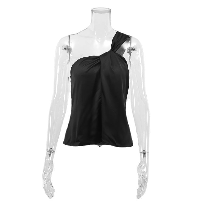 Sexy Satin One Shoulder Women Crop Tops-Shirts & Tops-Black-S-Free Shipping Leatheretro