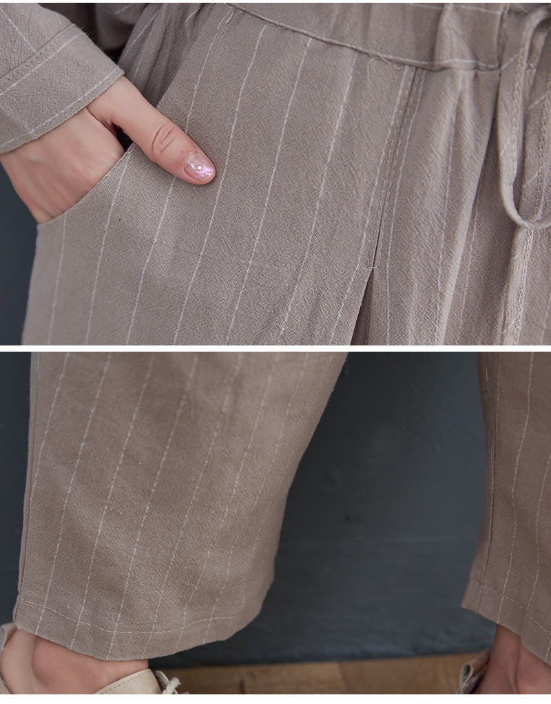 Vintage Striped Linen Plus Sizes Two Pieces Suits-Suits-Black-L-Free Shipping Leatheretro