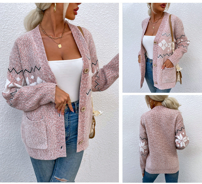 Fashion Christmas Flake Knitted Cardigan Coats-Shirts & Tops-Pink-S-Free Shipping Leatheretro