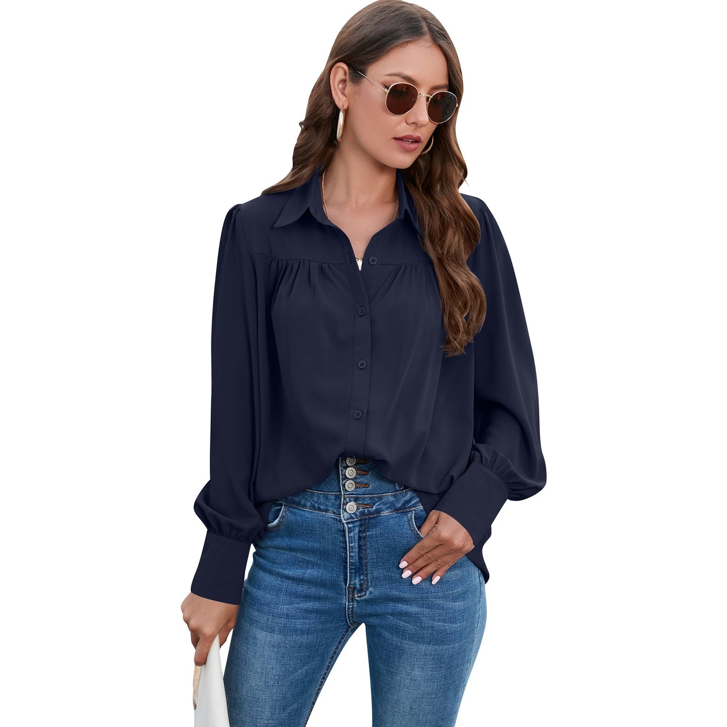 Casual Chiffon Long Sleeves Blouses for Women-Shirts & Tops-Navy Blue-S-Free Shipping Leatheretro