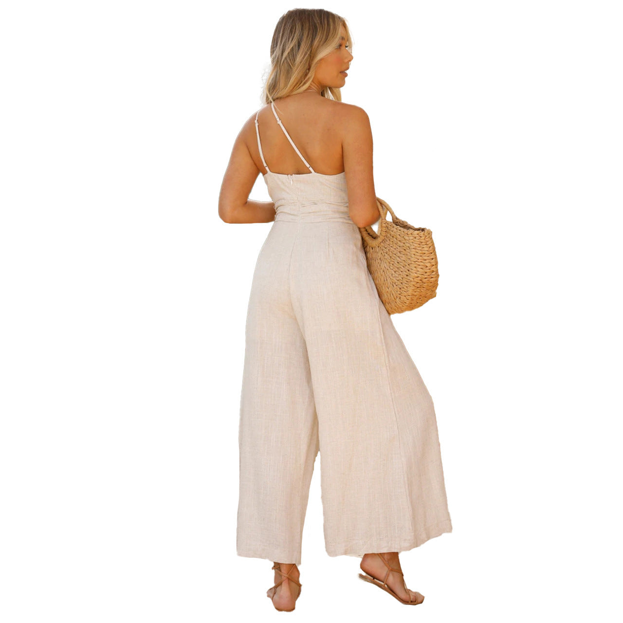 Sexy One Shoulder Linen Jumpsuits for Women-Jumpsuits & Rompers-Green-S-Free Shipping Leatheretro
