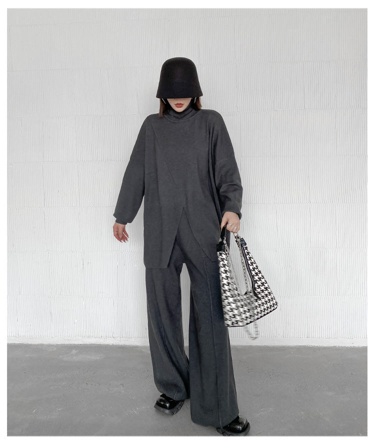 Fashion Turtleneck Sweaters and Wide Legs Pants Suits-Suits-Gray-One Size-Free Shipping Leatheretro