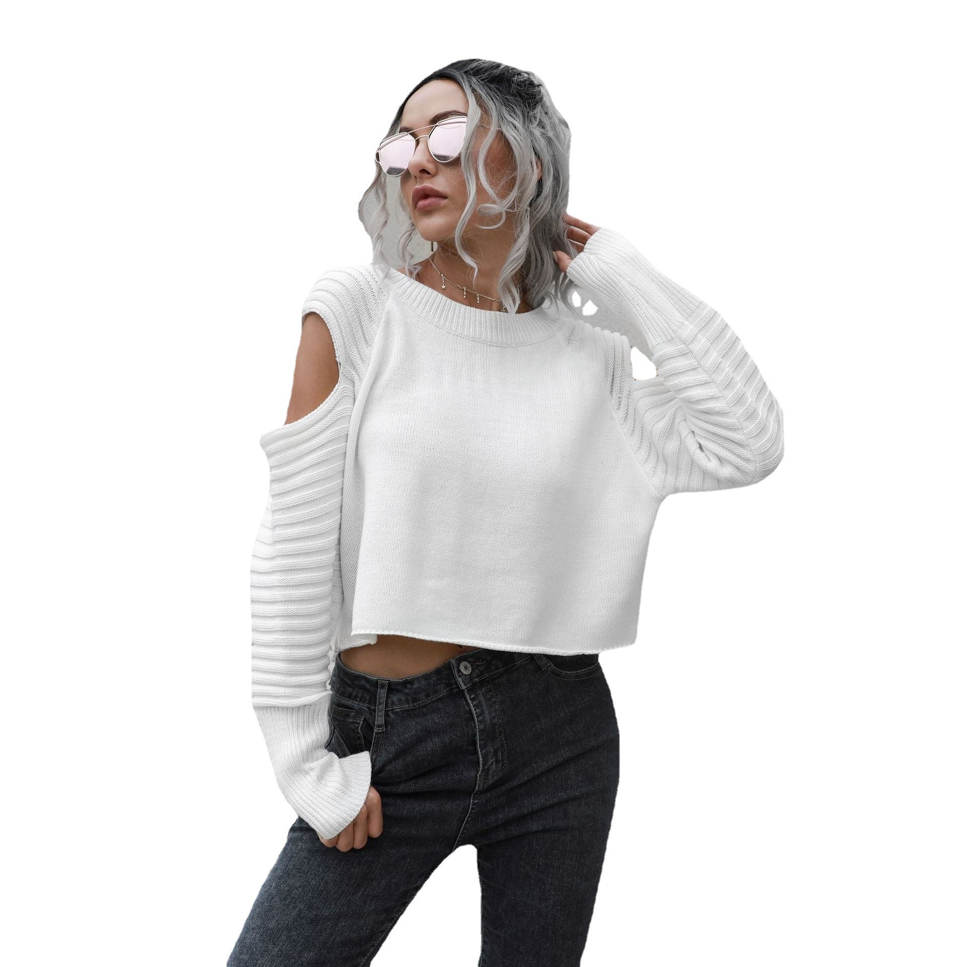 Designed Women Knitting Long Sleeves Sweaters-Shirts & Tops-White-S-Free Shipping Leatheretro